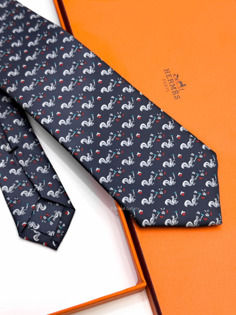 Hermes Dark Navy Ecureuil Marteau Soft Silk Tie