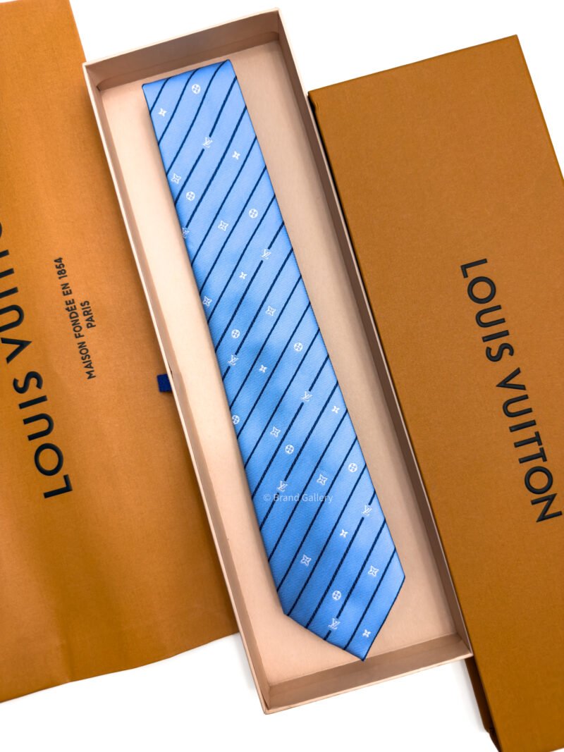 Louis Vuitton Light Blue Monogram Pinstripes Silk Tie