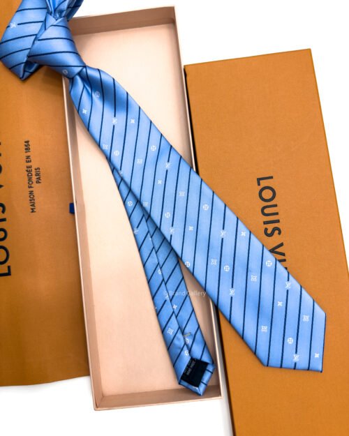 Louis Vuitton Light Blue Monogram Pinstripes Silk Tie