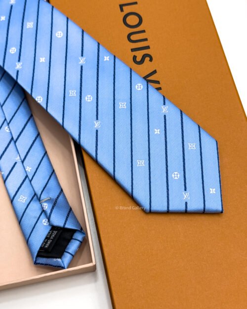 Louis Vuitton Light Blue Monogram Pinstripes Silk Tie