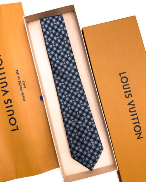 Louis Vuitton Black Grey Flowers Check Silk Tie