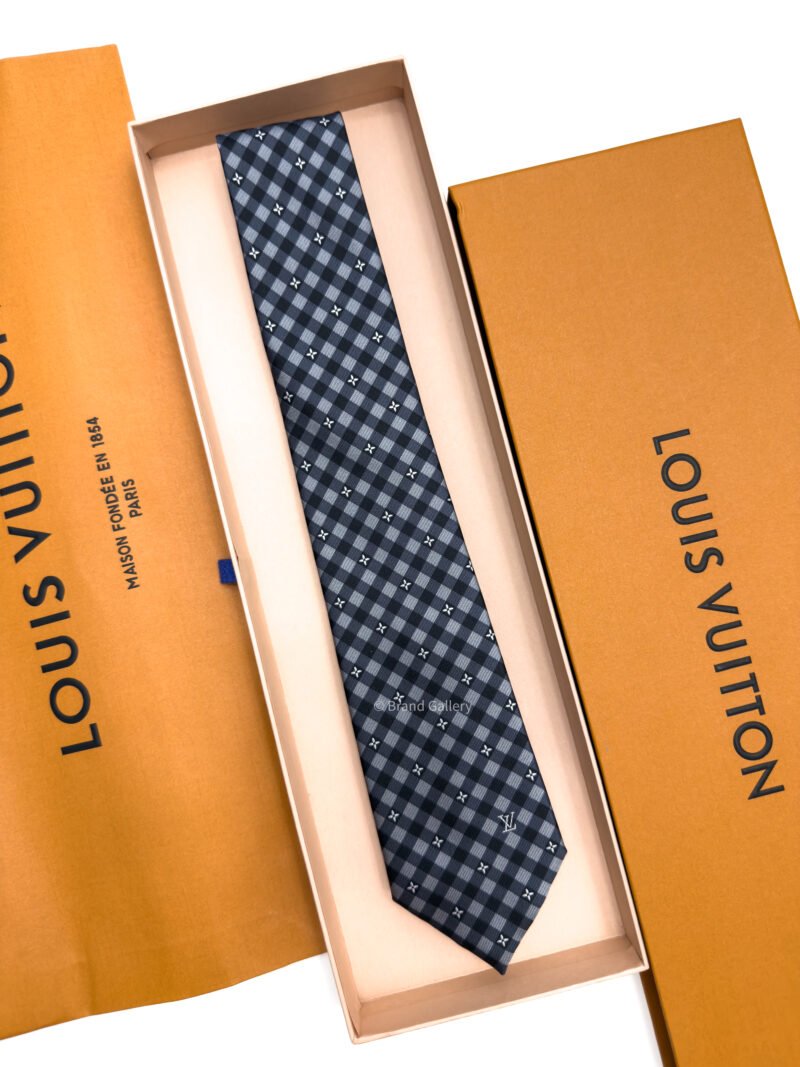 Louis Vuitton Black Grey Flowers Check Silk Tie