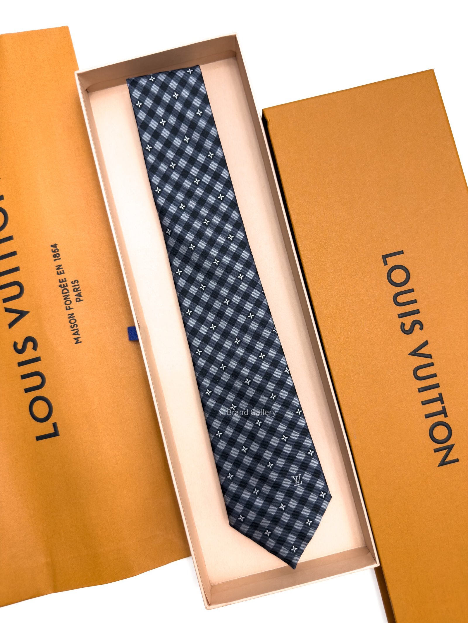Louis Vuitton Black Grey Flowers Check Silk Tie