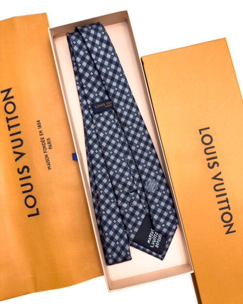 Louis Vuitton Black Grey Flowers Check Silk Tie