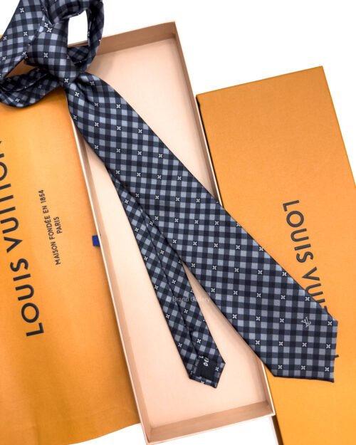 Louis Vuitton Black Grey Flowers Check Silk Tie