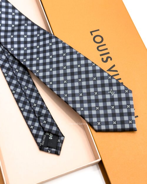 Louis Vuitton Black Grey Flowers Check Silk Tie