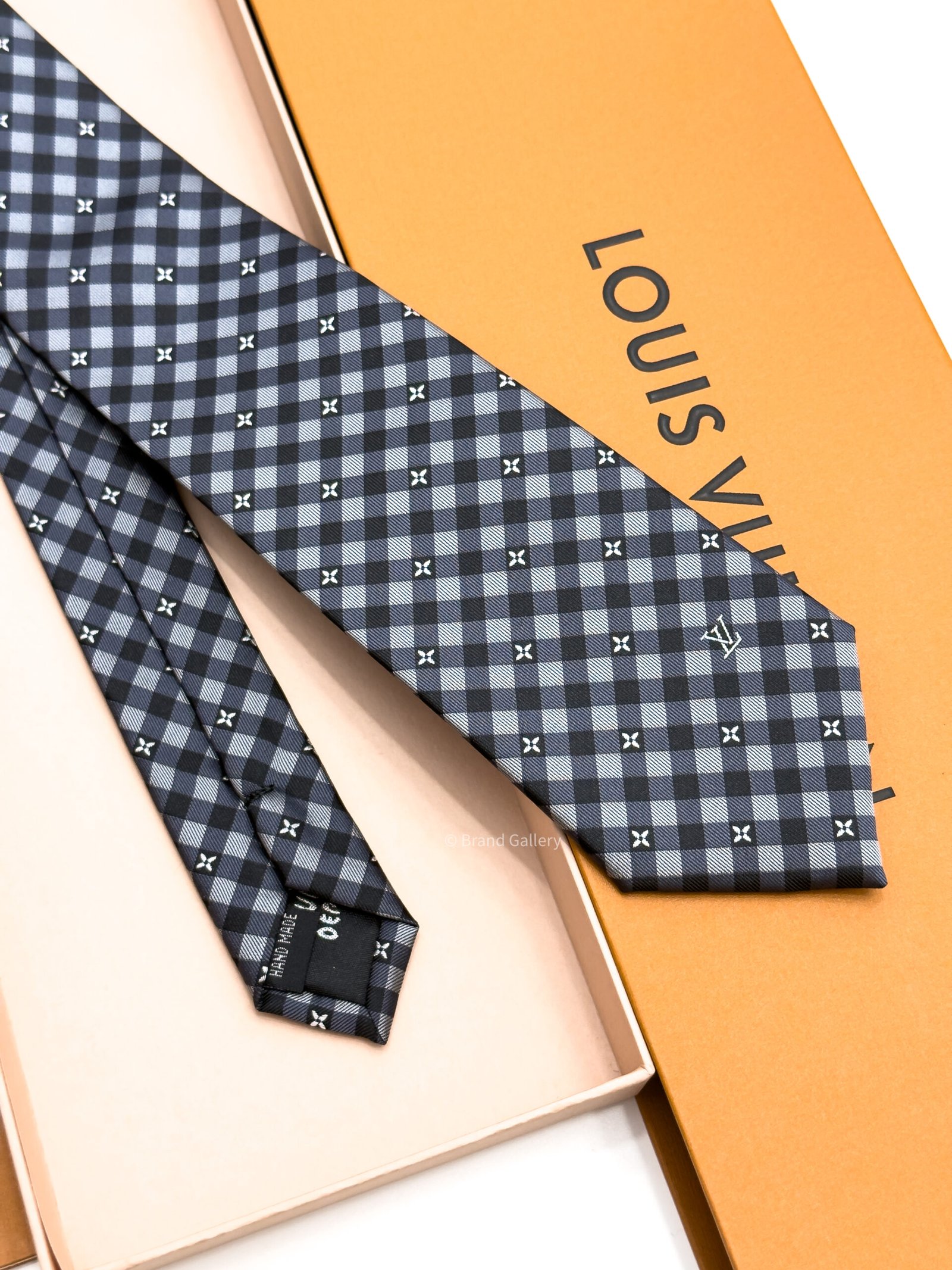 Louis Vuitton Black Grey Flowers Check Silk Tie