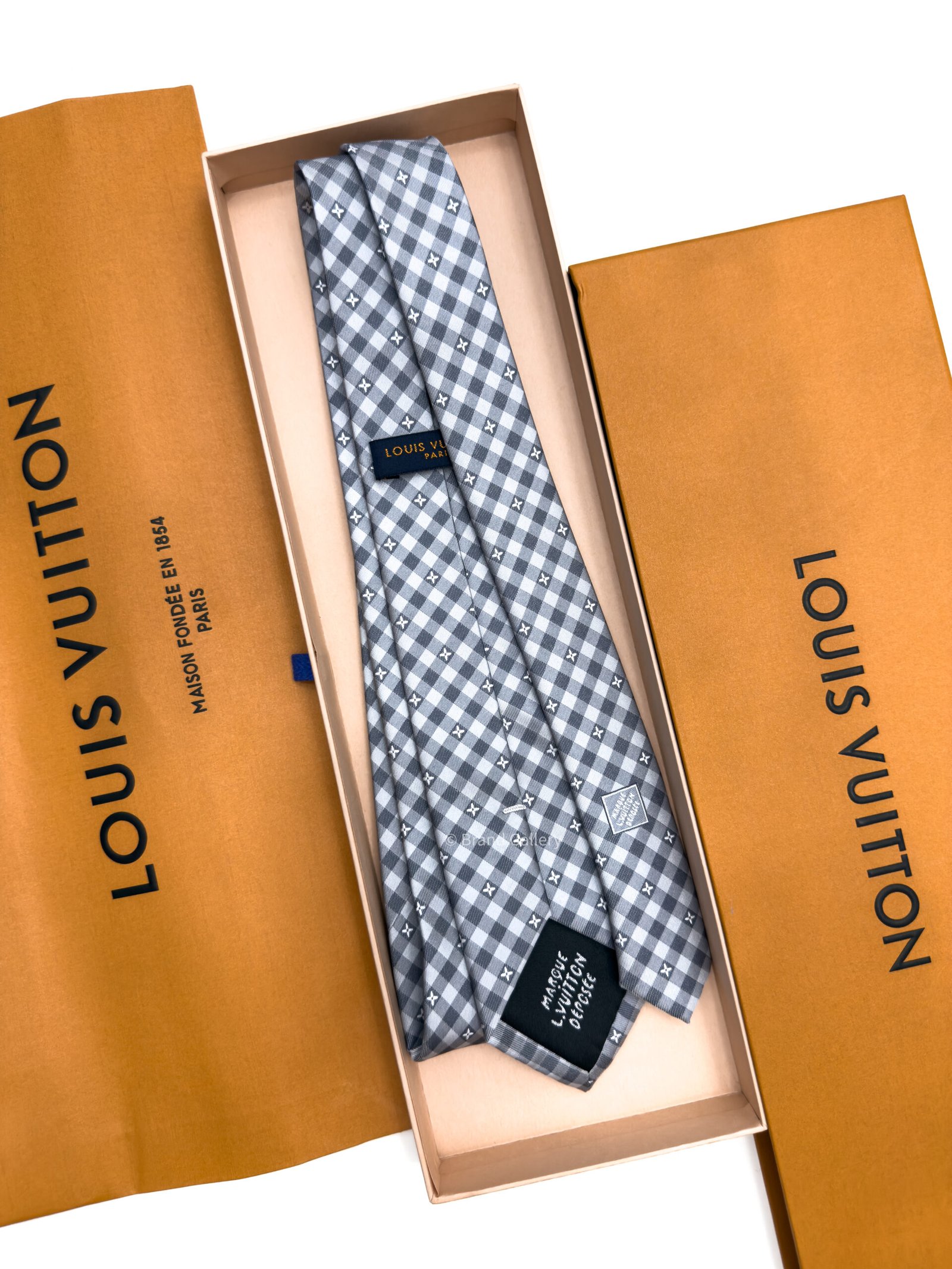 Louis Vuitton Grey Flowers Check Silk Tie