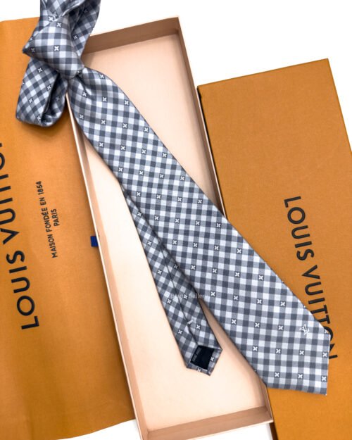 Louis Vuitton Grey Flowers Check Silk Tie