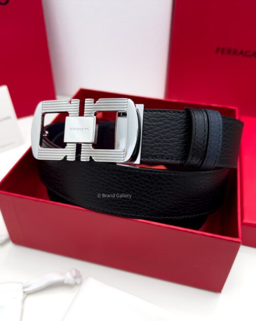 Ferragamo Silver Gancini Black/Blue Reversible Leather Belt - Luxury belt - A&A Brand Gallery Egypt