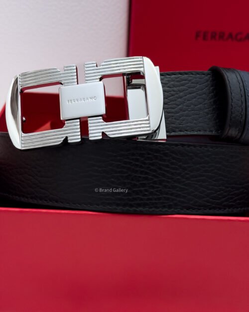 Ferragamo Silver Gancini Black/Blue Reversible Leather Belt - Luxury belt - A&A Brand Gallery Egypt