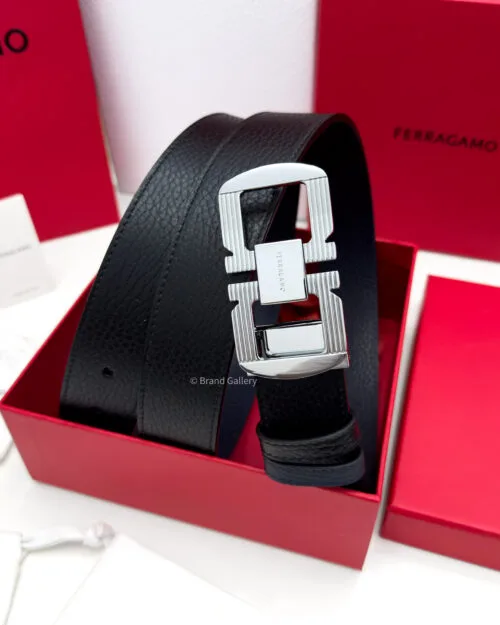 Ferragamo Silver Gancini Black/Blue Reversible Leather Belt - Luxury belt - A&A Brand Gallery Egypt