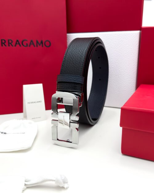 Ferragamo Silver Gancini Black/Blue Reversible Leather Belt - Luxury belt - A&A Brand Gallery Egypt