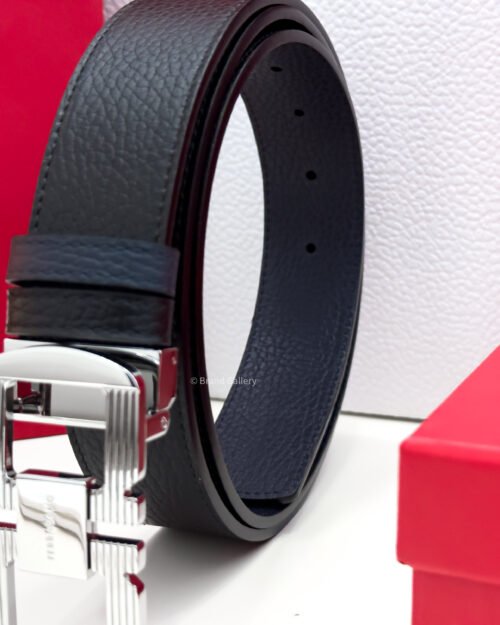 Ferragamo Silver Gancini Black/Blue Reversible Leather Belt - Luxury belt - A&A Brand Gallery Egypt