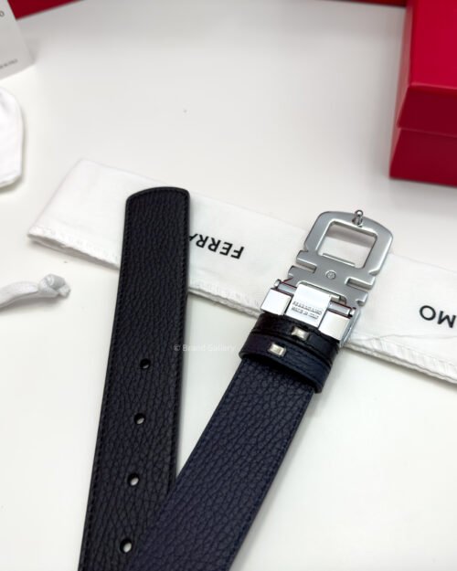 Ferragamo Silver Gancini Black/Blue Reversible Leather Belt - Luxury belt - A&A Brand Gallery Egypt