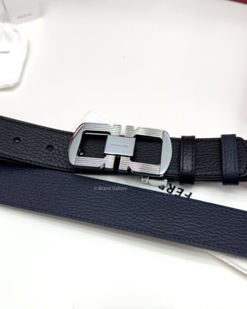 Ferragamo Silver Gancini Black/Blue Reversible Leather Belt - Luxury belt - A&A Brand Gallery Egypt