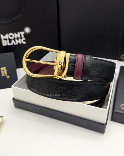 Montblanc Gold Horseshoe Black/cassis Grain Leather Belt - Luxury belt - A&A Brand Gallery Egypt