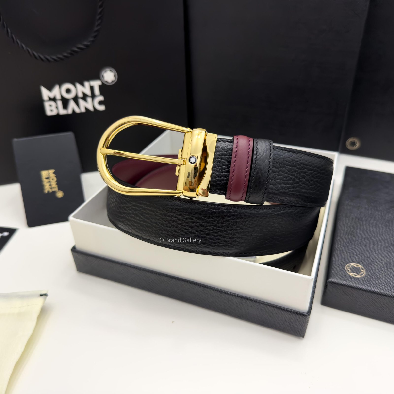 Montblanc Gold Horseshoe Black/cassis Grain Leather Belt - Luxury belt - A&A Brand Gallery Egypt