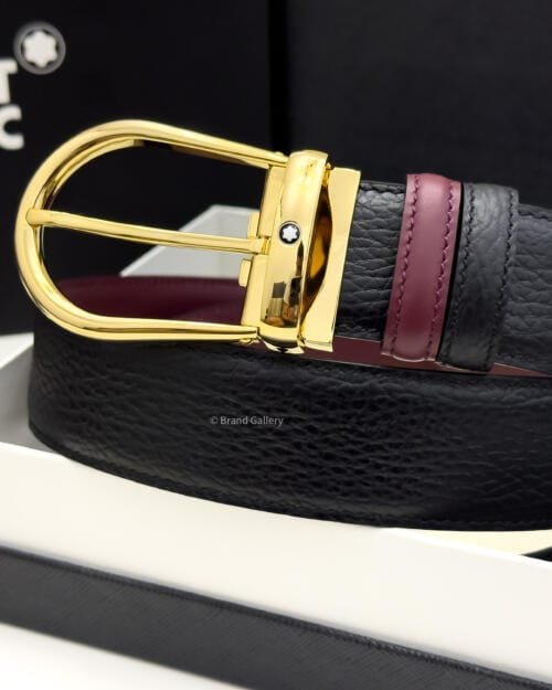 Montblanc Gold Horseshoe Black/cassis Grain Leather Belt - Luxury belt - A&A Brand Gallery Egypt