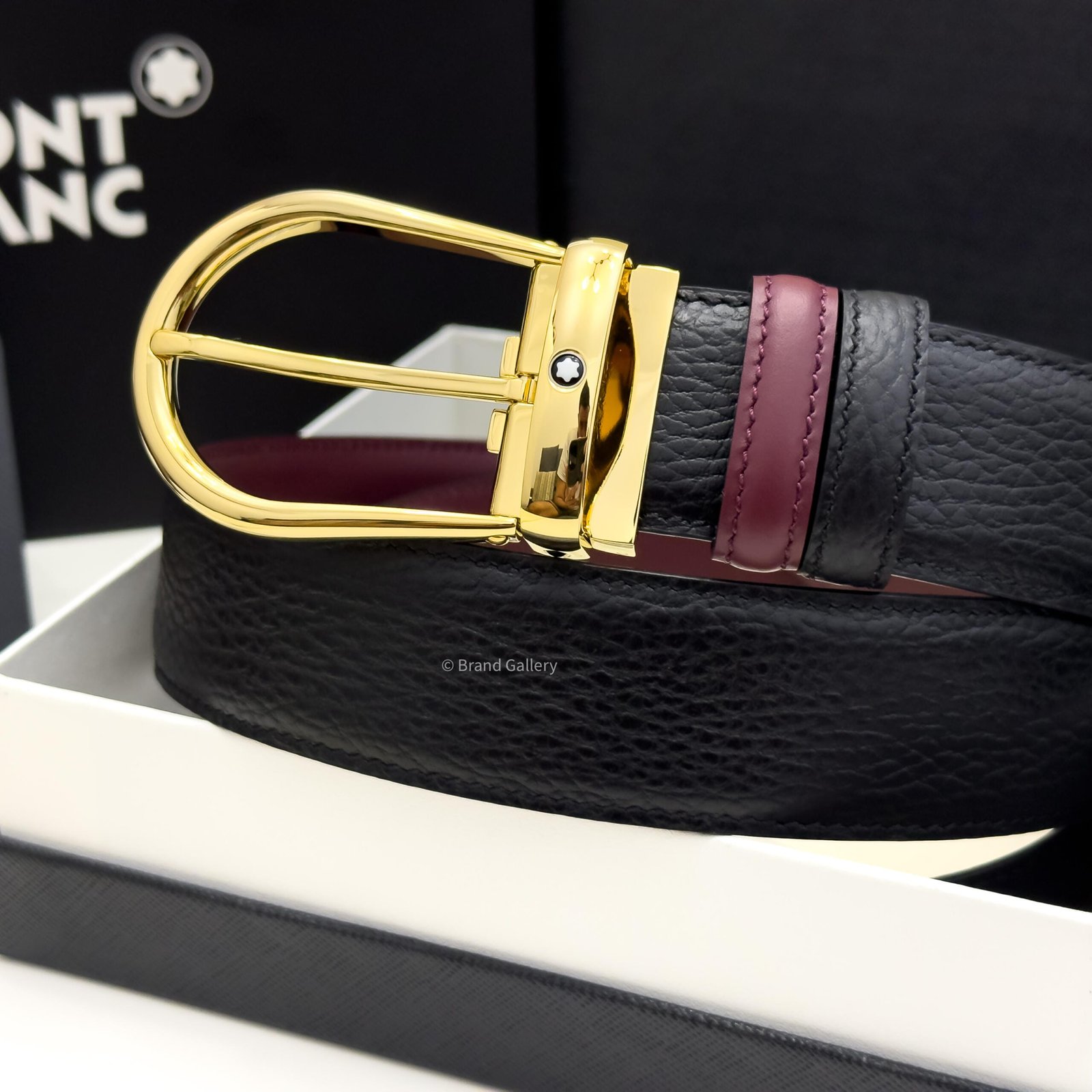 Montblanc Gold Horseshoe Black/cassis Grain Leather Belt - Luxury belt - A&A Brand Gallery Egypt