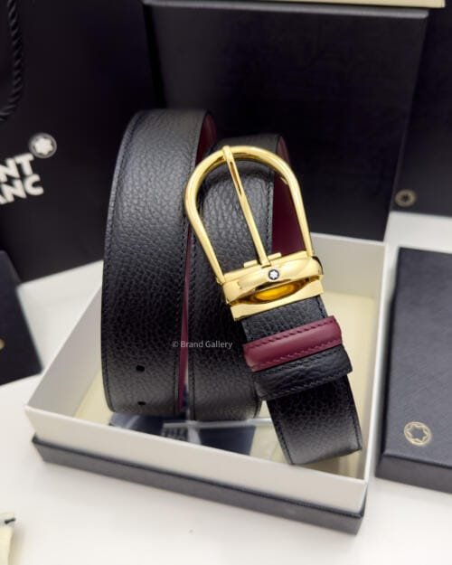 Montblanc Gold Horseshoe Black/cassis Grain Leather Belt - Luxury belt - A&A Brand Gallery Egypt