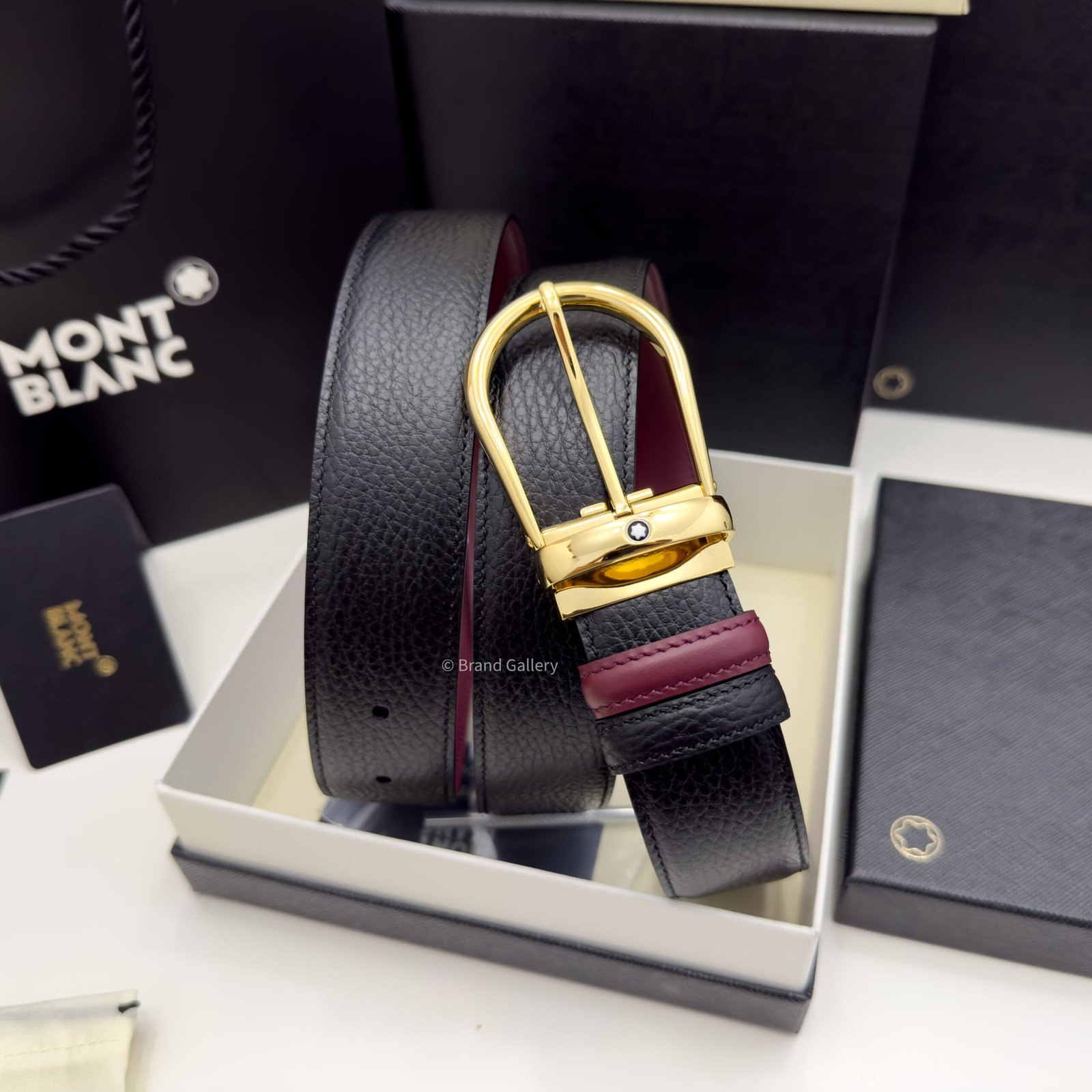 Montblanc Gold Horseshoe Black/cassis Grain Leather Belt - Luxury belt - A&A Brand Gallery Egypt