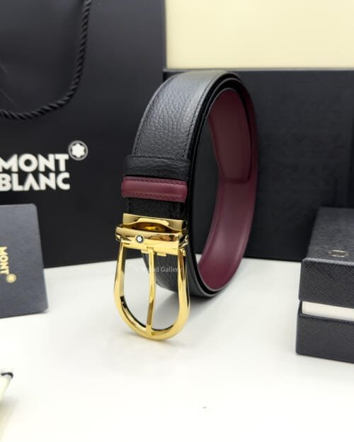 Montblanc Gold Horseshoe Black/cassis Grain Leather Belt - Luxury belt - A&A Brand Gallery Egypt