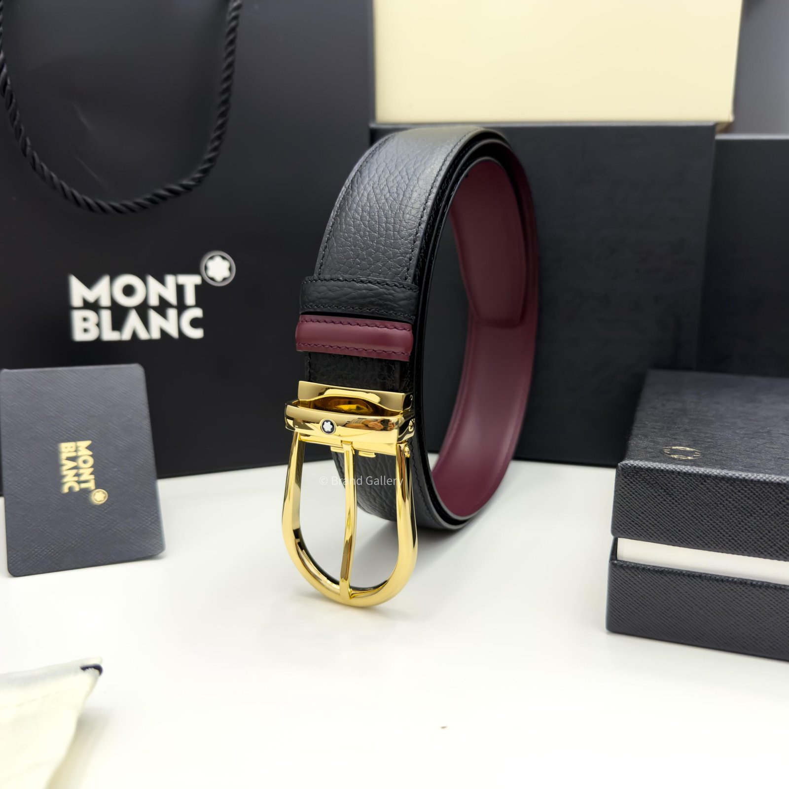 Montblanc Gold Horseshoe Black/cassis Grain Leather Belt - Luxury belt - A&A Brand Gallery Egypt
