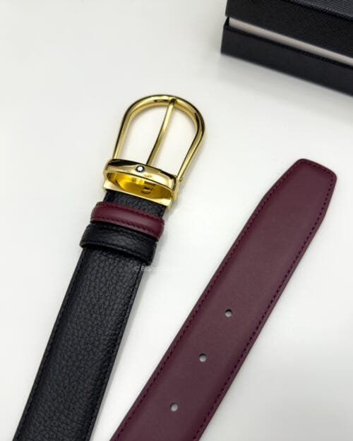 Montblanc Gold Horseshoe Black/cassis Grain Leather Belt - Luxury belt - A&A Brand Gallery Egypt