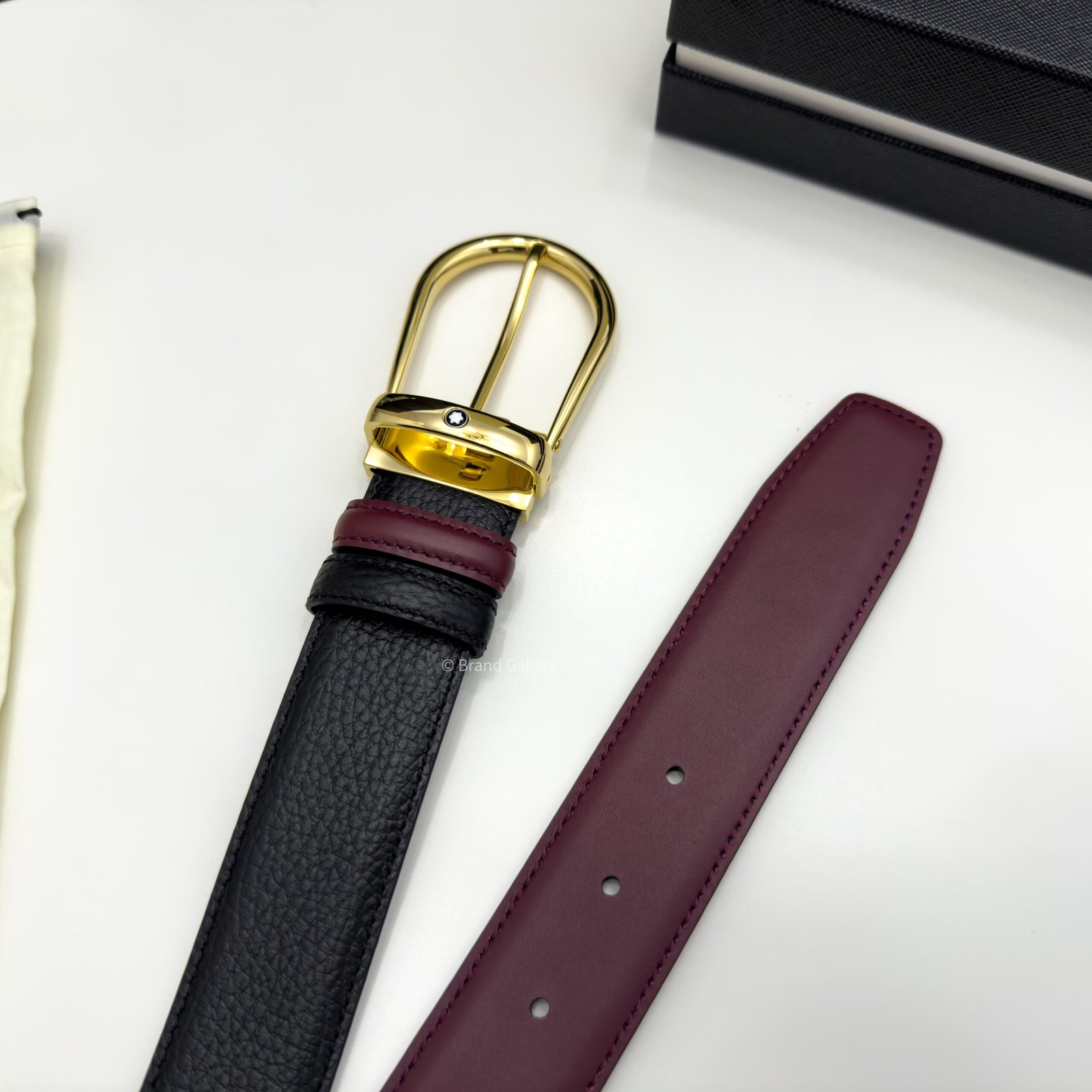 Montblanc Gold Horseshoe Black/cassis Grain Leather Belt - Luxury belt - A&A Brand Gallery Egypt