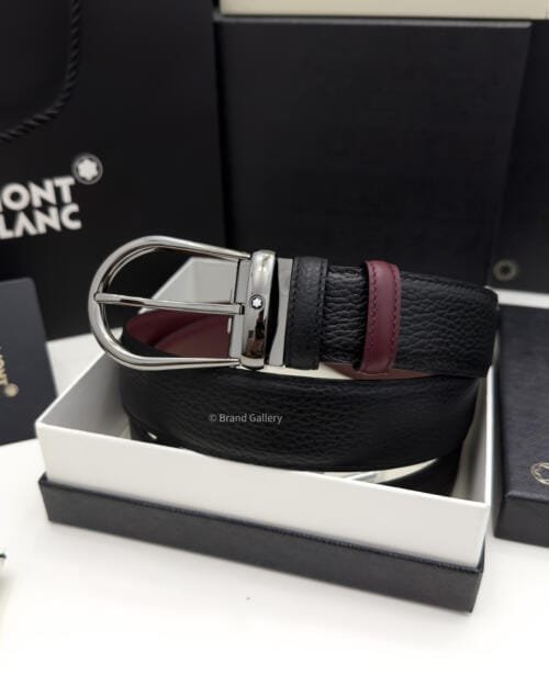 Montblanc Gunmetal Horseshoe Black/cassis Grain Leather Belt - Luxury belt - A&A Brand Gallery Egypt