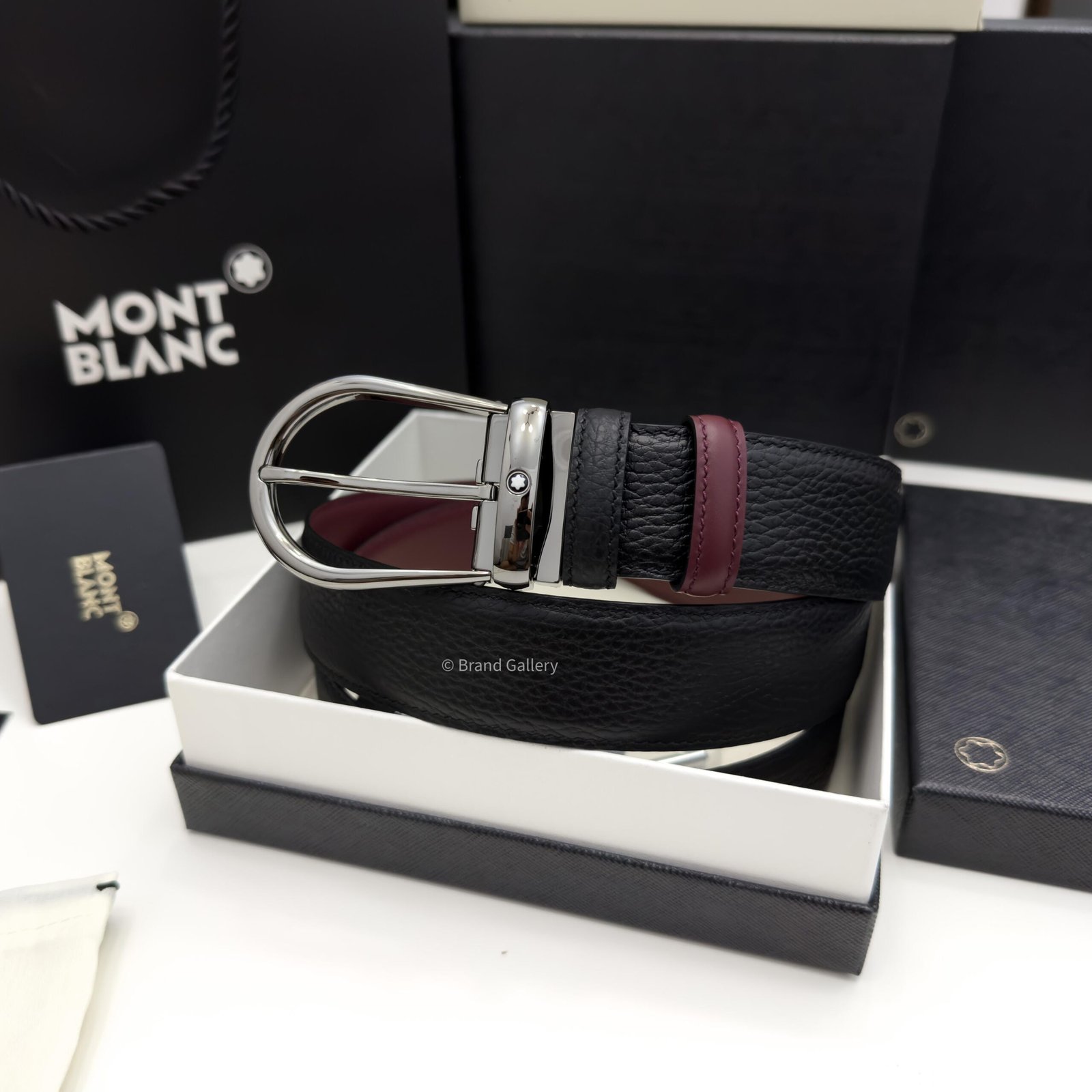 Montblanc Gunmetal Horseshoe Black/cassis Grain Leather Belt - Luxury belt - A&A Brand Gallery Egypt