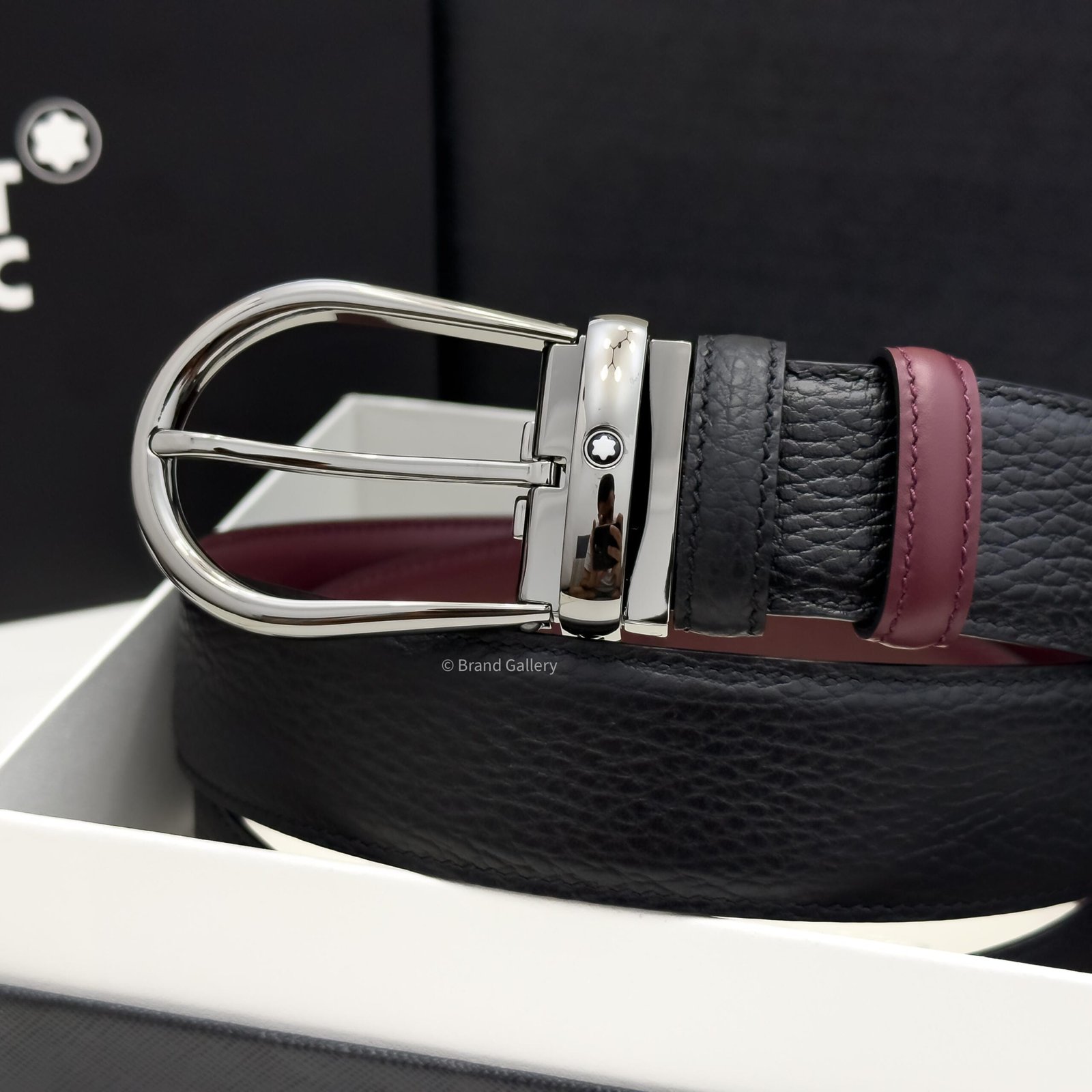 Montblanc Gunmetal Horseshoe Black/cassis Grain Leather Belt - Luxury belt - A&A Brand Gallery Egypt