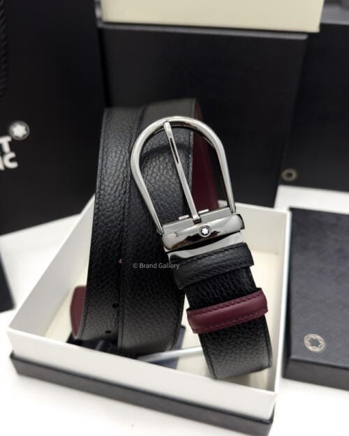 Montblanc Gunmetal Horseshoe Black/cassis Grain Leather Belt - Luxury belt - A&A Brand Gallery Egypt