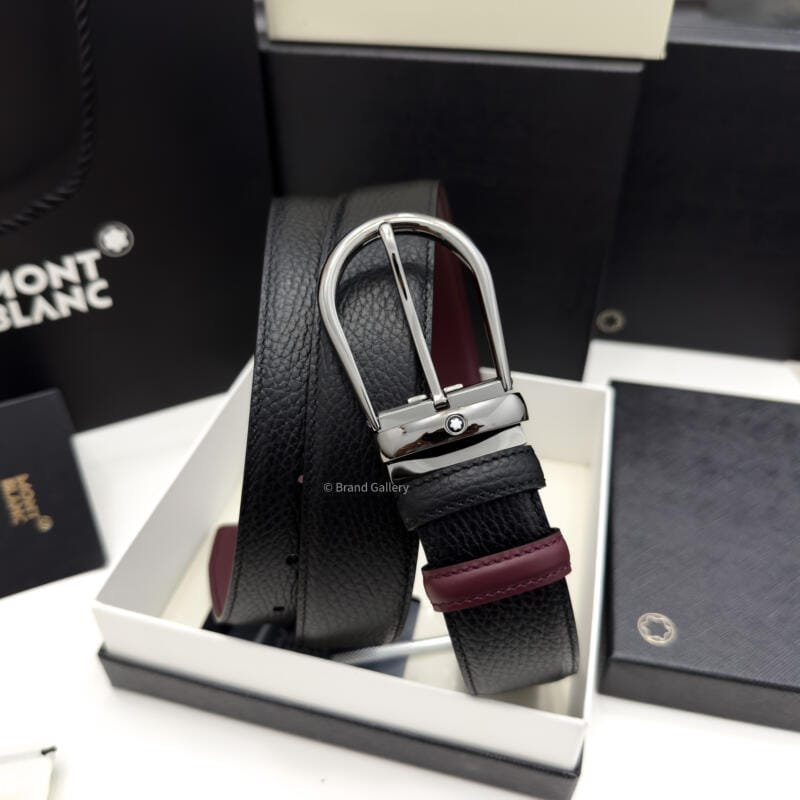 Montblanc Gunmetal Horseshoe Black/cassis Grain Leather Belt - Luxury belt - A&A Brand Gallery Egypt