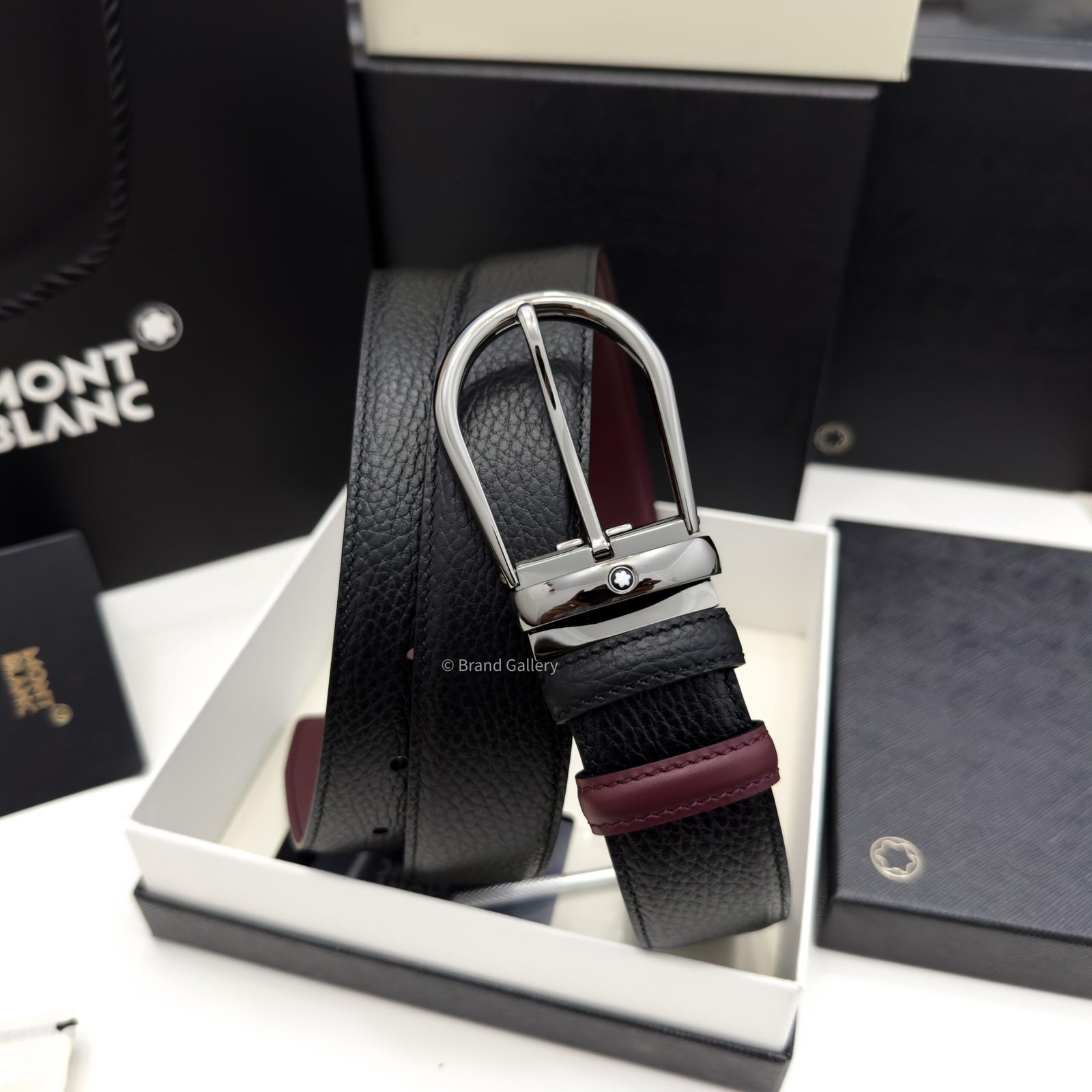 Montblanc Gunmetal Horseshoe Black/cassis Grain Leather Belt - Luxury belt - A&A Brand Gallery Egypt