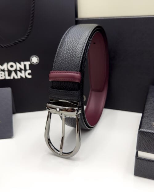 Montblanc Gunmetal Horseshoe Black/cassis Grain Leather Belt - Luxury belt - A&A Brand Gallery Egypt