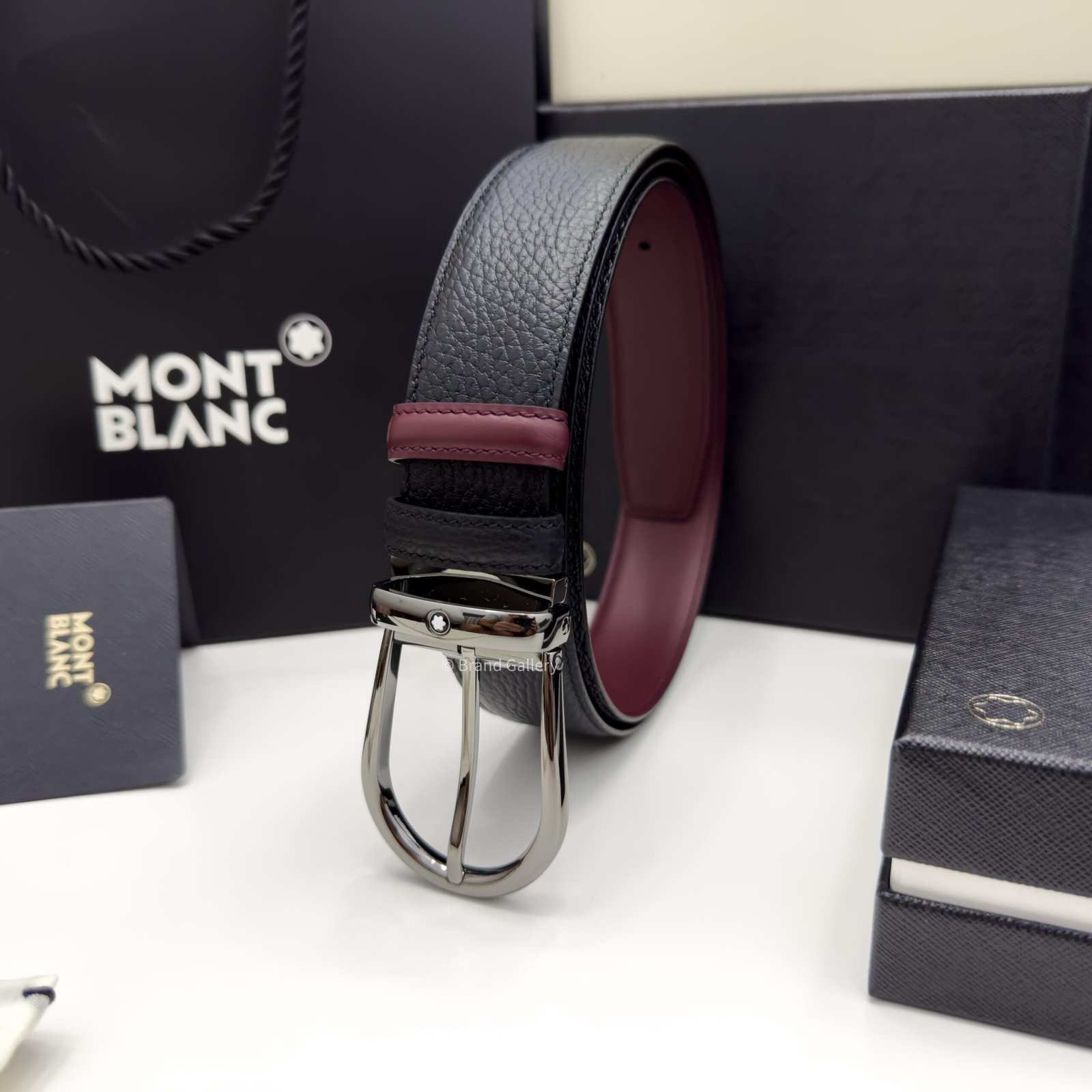 Montblanc Gunmetal Horseshoe Black/cassis Grain Leather Belt - Luxury belt - A&A Brand Gallery Egypt