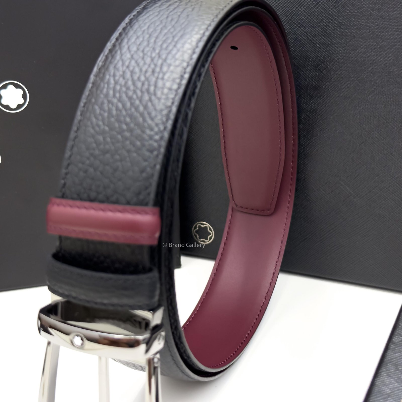 Montblanc Gunmetal Horseshoe Black/cassis Grain Leather Belt - Luxury belt - A&A Brand Gallery Egypt