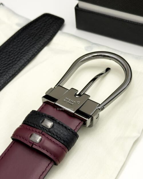 Montblanc Gunmetal Horseshoe Black/cassis Grain Leather Belt - Luxury belt - A&A Brand Gallery Egypt