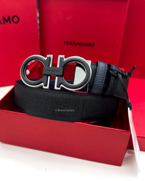 Ferragamo Gancini Black/Blue Grain Leather Belt - Luxury belt - A&A Brand Gallery Egypt