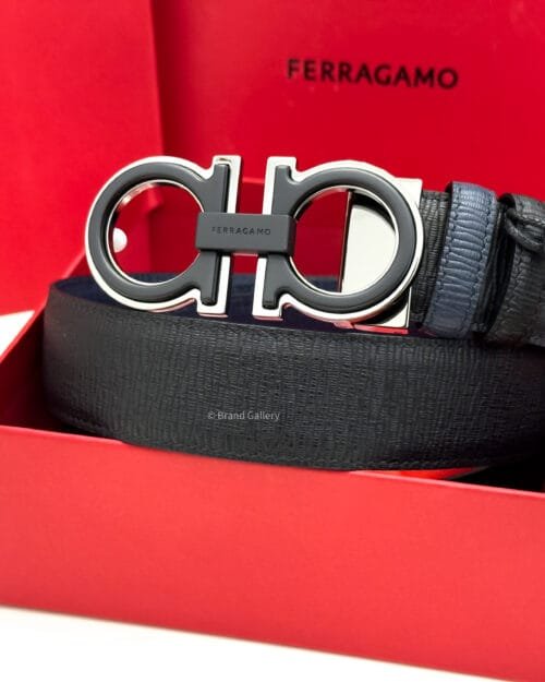 Ferragamo Gancini Black/Blue Grain Leather Belt - Luxury belt - A&A Brand Gallery Egypt