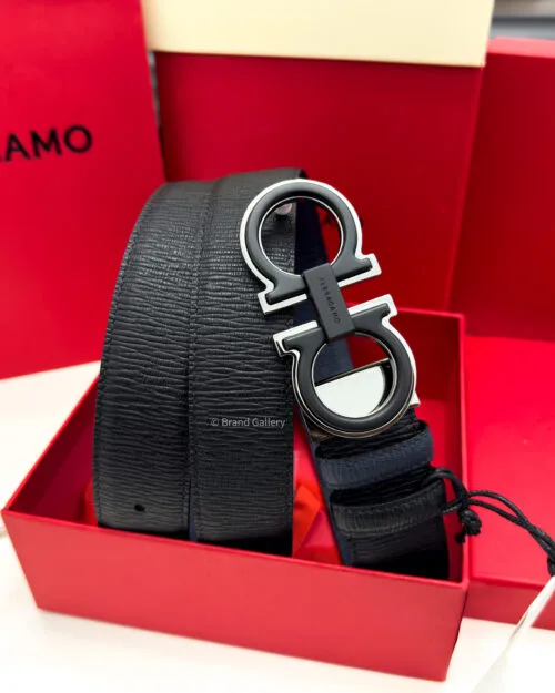 Ferragamo Gancini Black/Blue Grain Leather Belt - Luxury belt - A&A Brand Gallery Egypt