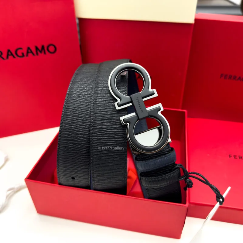 Ferragamo Gancini Black/Blue Grain Leather Belt - Luxury belt - A&A Brand Gallery Egypt