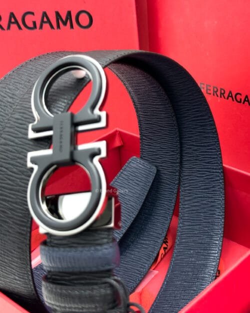 Ferragamo Gancini Black/Blue Grain Leather Belt - Luxury belt - A&A Brand Gallery Egypt