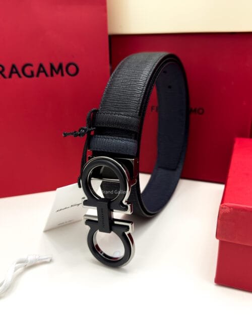 Ferragamo Gancini Black/Blue Grain Leather Belt - Luxury belt - A&A Brand Gallery Egypt