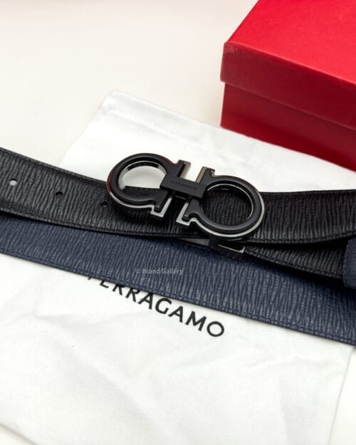 Ferragamo Gancini Black/Blue Grain Leather Belt - Luxury belt - A&A Brand Gallery Egypt