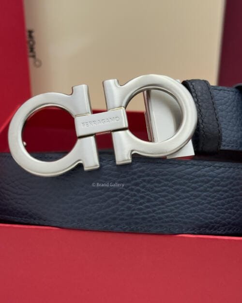 Ferragamo Brushed Gancini Blue/Black Leather Belt - Luxury belt - A&A Brand Gallery Egypt