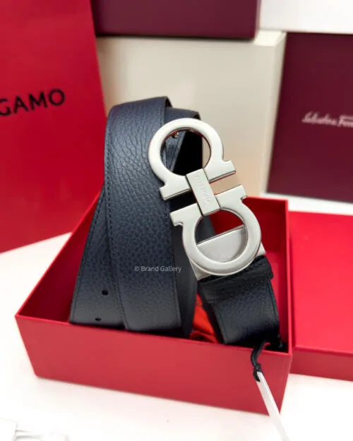 Ferragamo Brushed Gancini Blue/Black Leather Belt - Luxury belt - A&A Brand Gallery Egypt