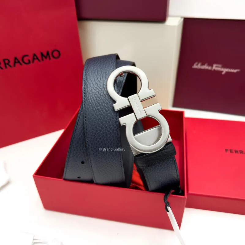 Ferragamo Brushed Gancini Blue/Black Leather Belt - Luxury belt - A&A Brand Gallery Egypt